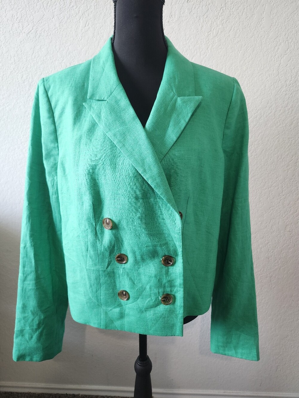 Talbots Size 10 Green Linen Long Sleeve Short 2 Button Blazer
